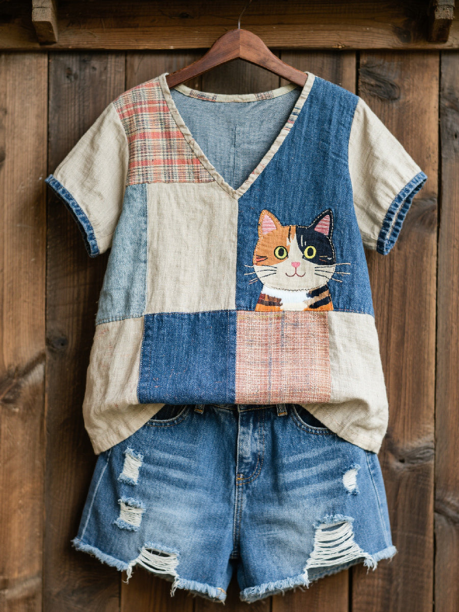 Women's Lovely Cat Pattern Patchwork Art V-Neck Top