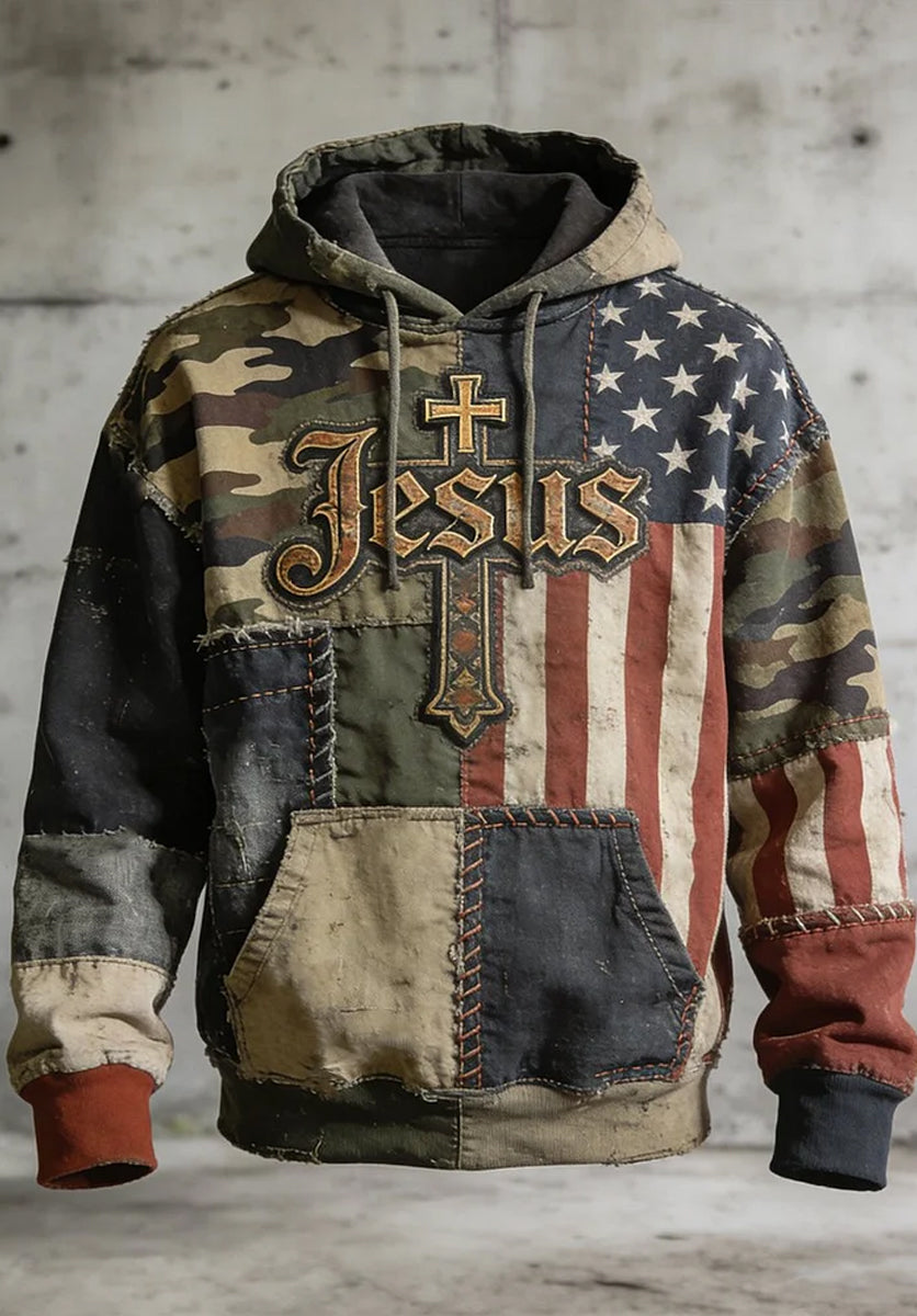 Men's Vintage Christian Jesus Cross Drop-Shoulder Hoodie with Pockets
