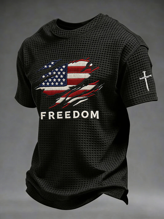 Men's Christian Freedom Cross Flag Waffle Short Sleeve T-shirt