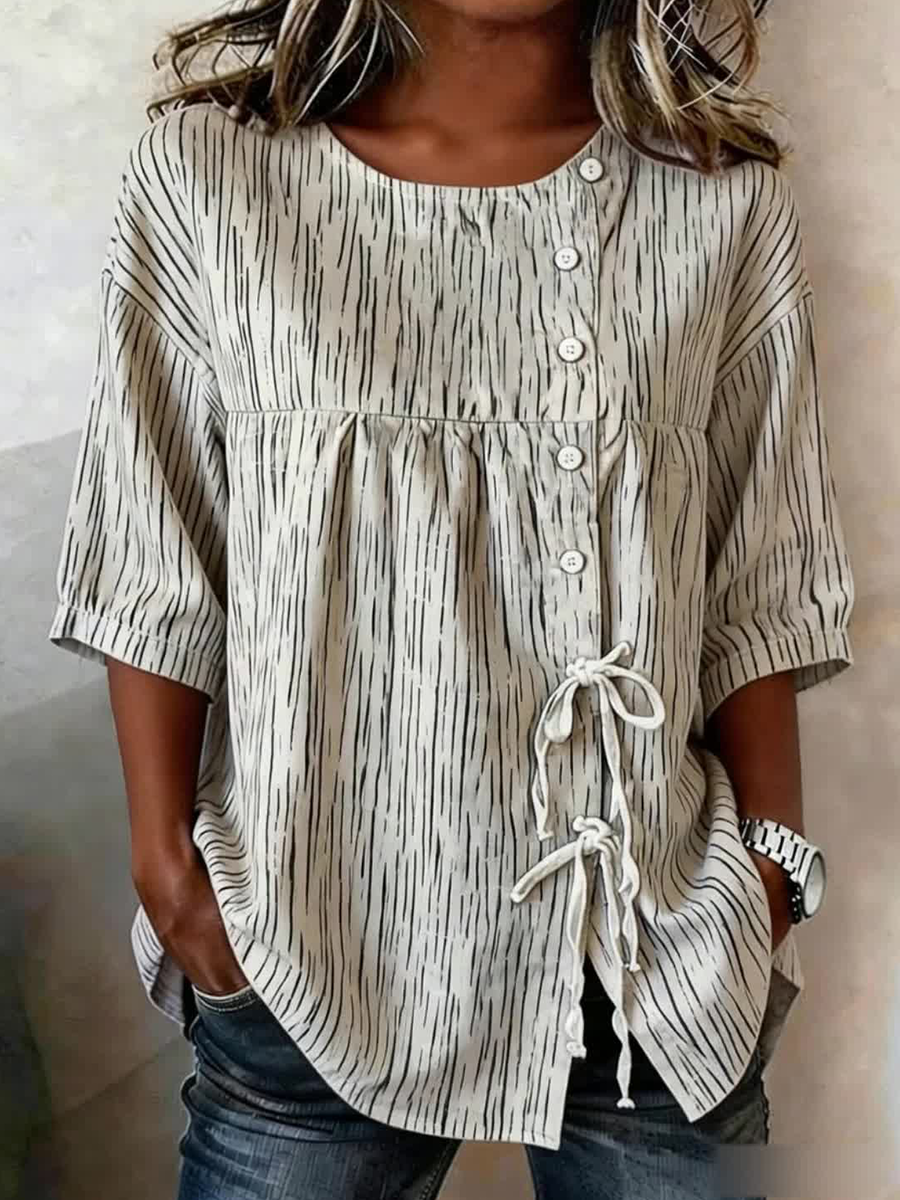 Women's Stripe Plants And Flowers Buttoned And Laced Linen Blend Shirt