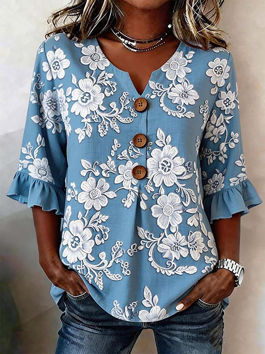 Women's Casual Floral Linen Shirt