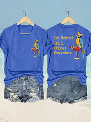 Women's  I'm Retired It's 5 O'clock Everywhere Parrot Print Casual V-Neck Tee
