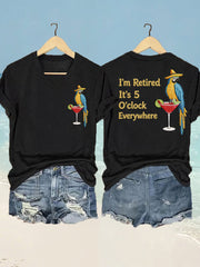 Women's  I'm Retired It's 5 O'clock Everywhere Parrot Print Casual V-Neck Tee