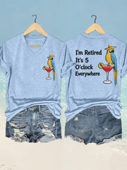 Women's  I'm Retired It's 5 O'clock Everywhere Parrot Print Casual V-Neck Tee