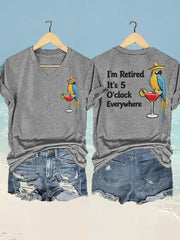 Women's  I'm Retired It's 5 O'clock Everywhere Parrot Print Casual V-Neck Tee