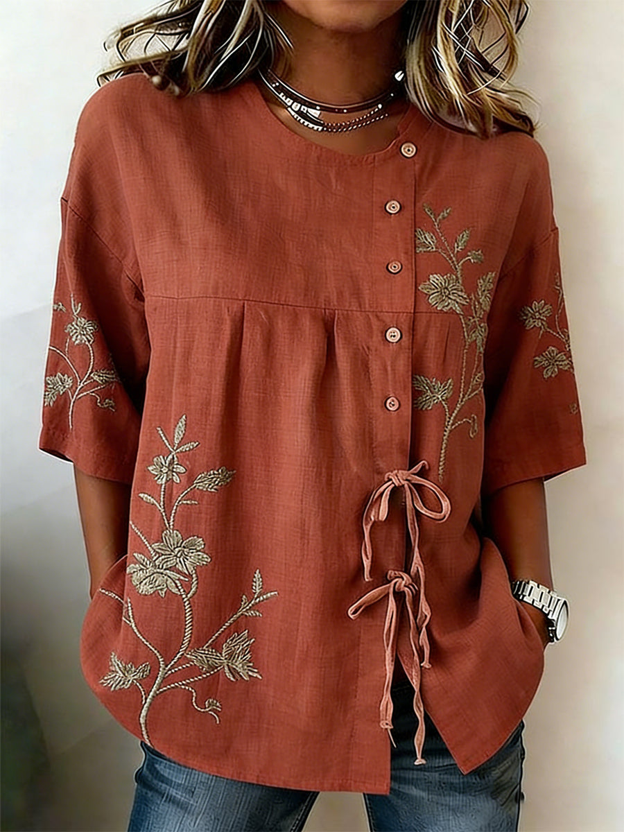 Women's Plants And Flowers Buttoned And Linen Blend Shirt