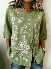Women's Plant And Flower Buttoned And Laced Cotton And Linen Shirt