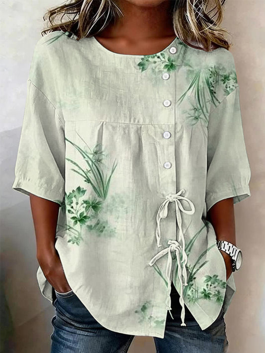 Women's Plants And Flowers Buttoned And Linen Blend Shirt