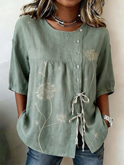 Women's Plant And Flower Buttoned And Laced Linen Blend Shirt