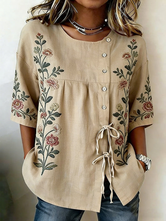 Women's Plants And Flowers Buttoned And Linen Blend Shirt