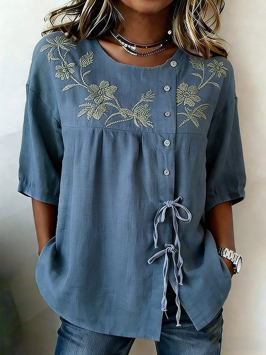 Women's Plants And Flowers Buttoned And Linen Blend Shirt