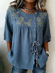 Women's Plants And Flowers Buttoned And Linen Blend Shirt