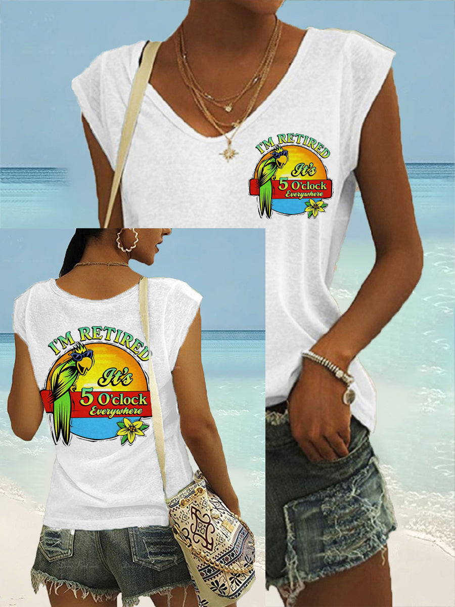 Women's I'm Retired It's 5 O'clock Everywhere Parrot Print Casual V-Neck Tee
