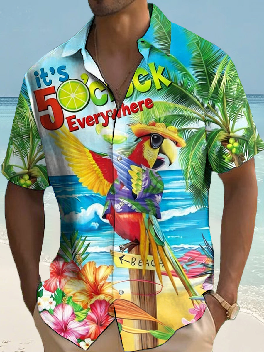 Men's I'm Retired It's 5 O'clock Everywhere Parrot Print Casual Short Sleeve Shirt