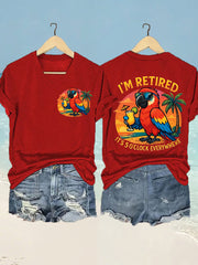 Women's I'm Retired It's 5 O'clock Everywhere Parrot Print Casual V-Neck Tee