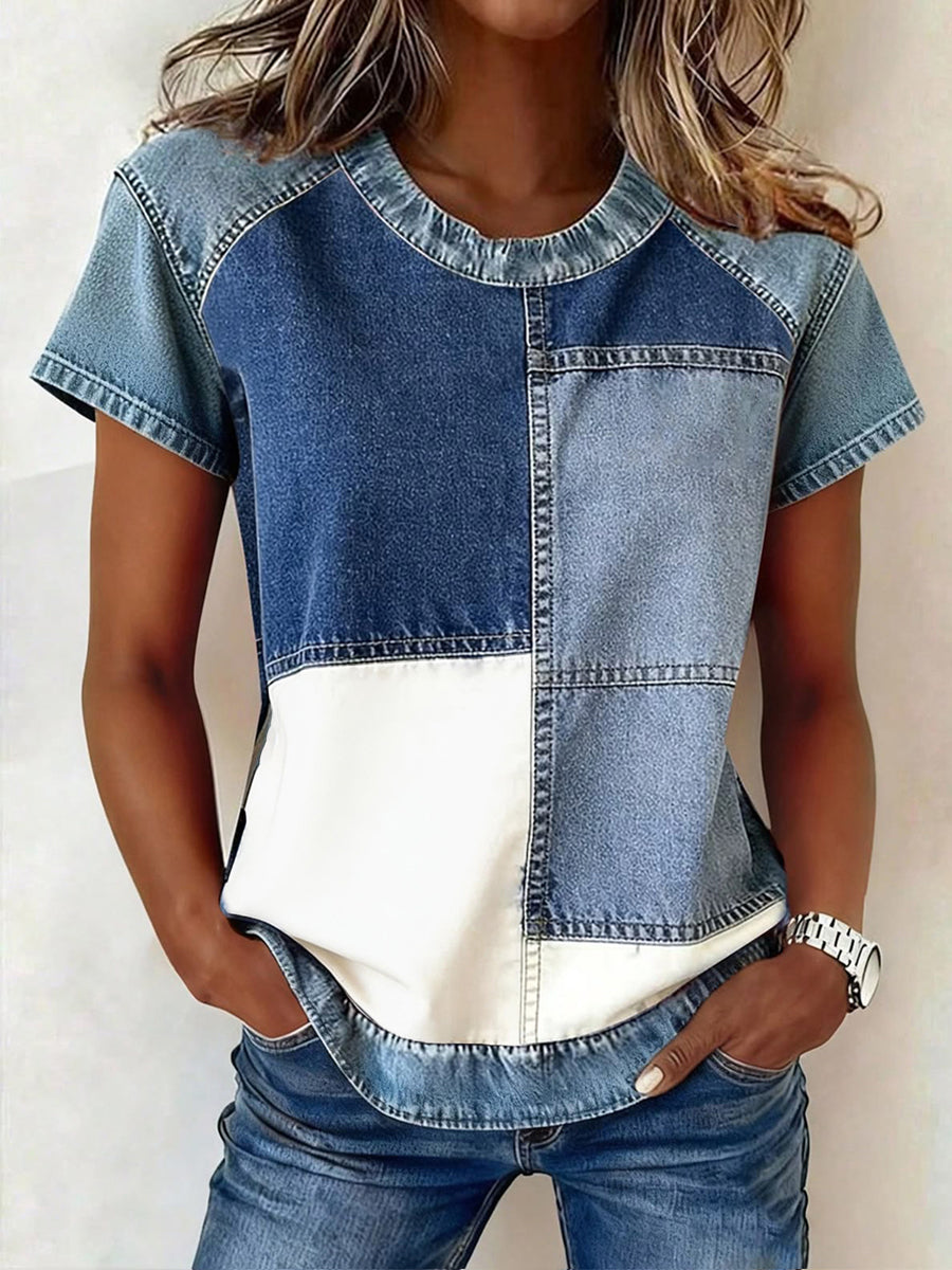 Women's Simple Denim Patchwork Top