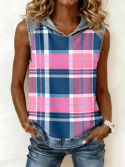 Women's Plaid Print Denim Patchwork Hooded Top
