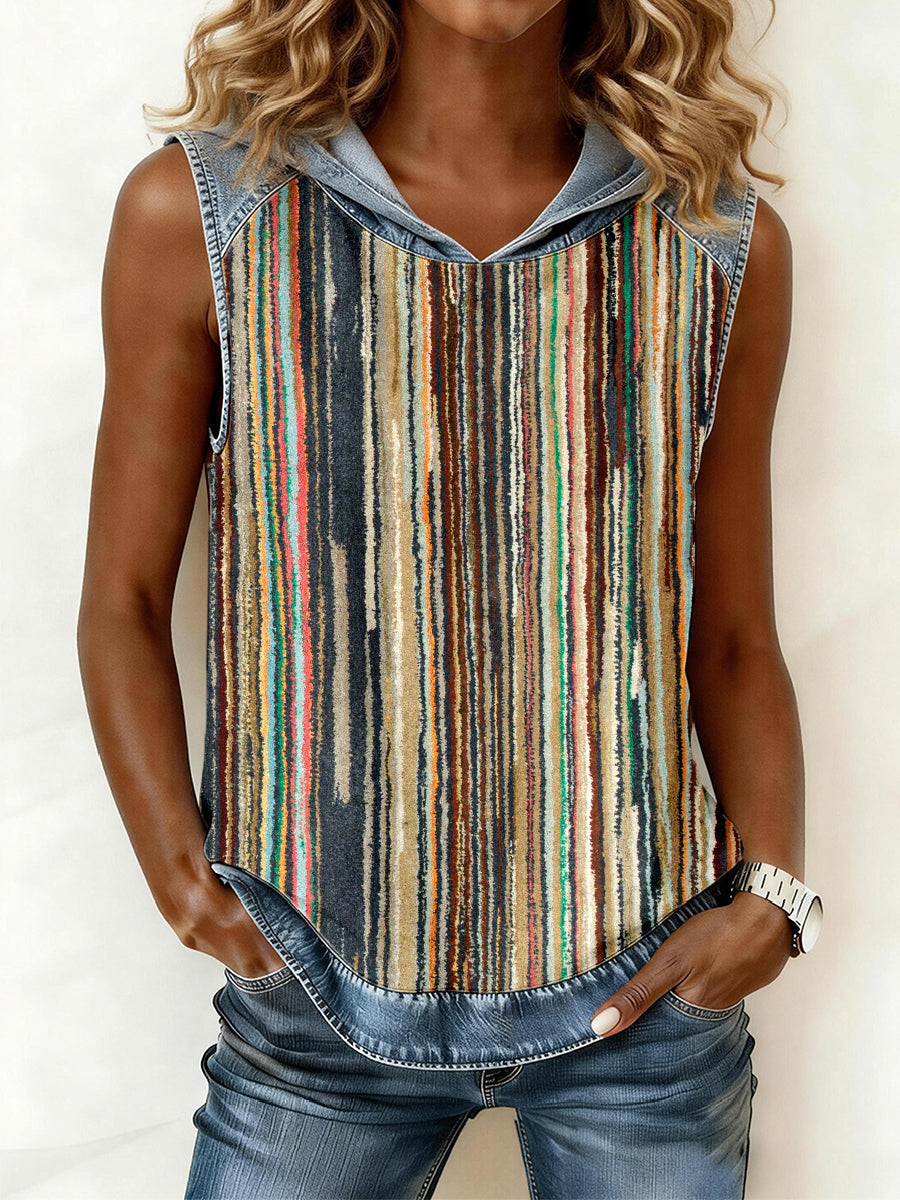 Women's Vintage Striped Print Denim Patchwork Hooded Top