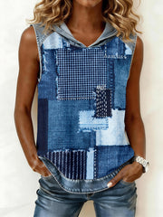 Women's Denim Patchwork Art Hooded Top