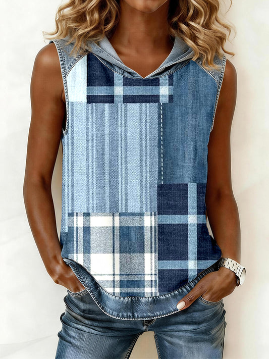 Women's Blue Plaid Pattern Denim Patchwork Hooded Top