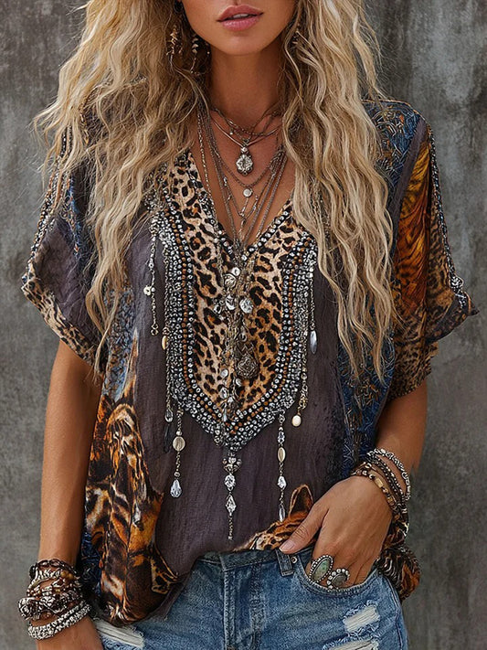 Women's Vintage Leopard Print Linen Blend V-Neck Shirt
