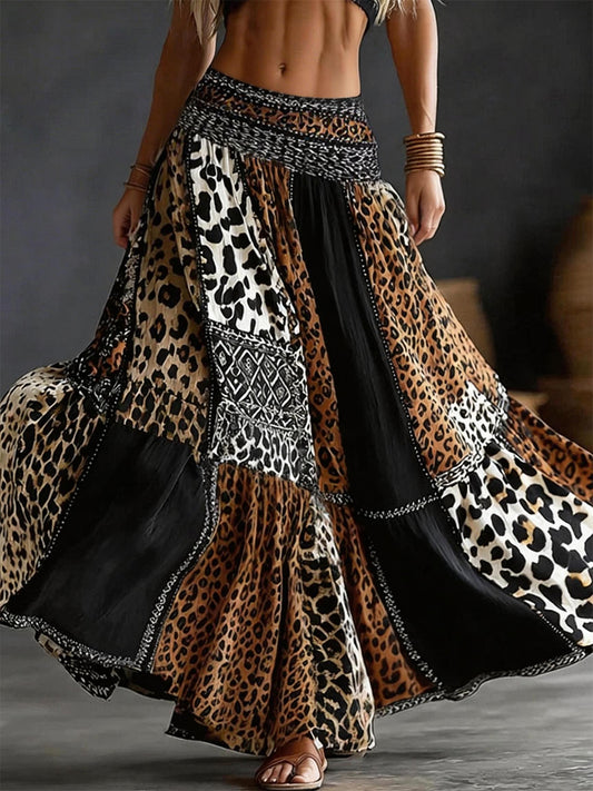 Women's Vintage Leopard Print Linen Blend Long Skirt