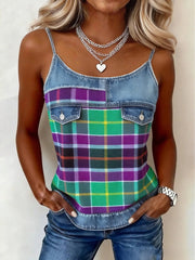 Women's Classic Plaid Pattern Denim Patchwork Tank Top