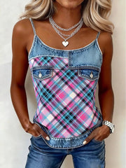 Women's Classic Plaid Pattern Denim Patchwork Tank Top