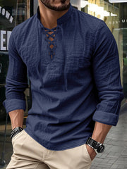 Men's Vintage Long Sleeved V-neck Linen Tops