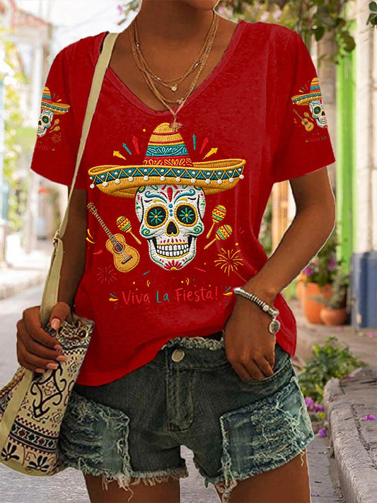 Women's Viva La Fiesta! Print Casual V-Neck Tee