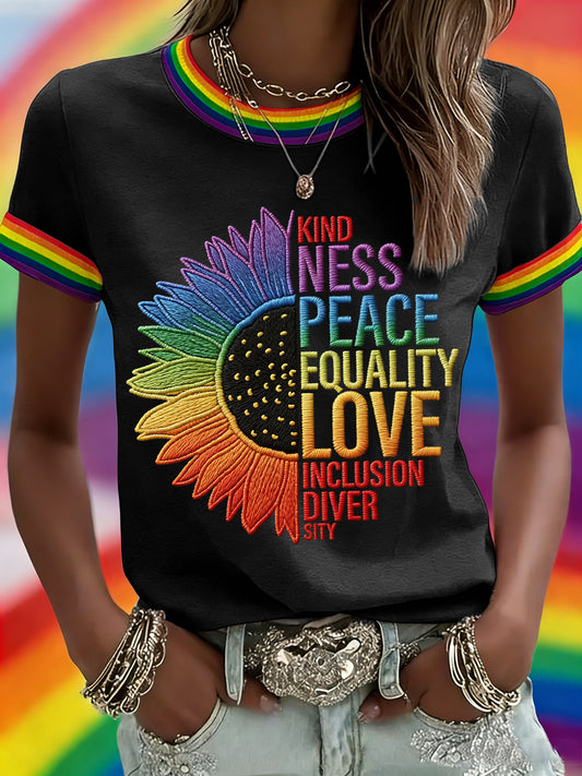 Women's Kindness Peace Equality Love Inclusion Diver Sity Rainbow Print Casual Tee