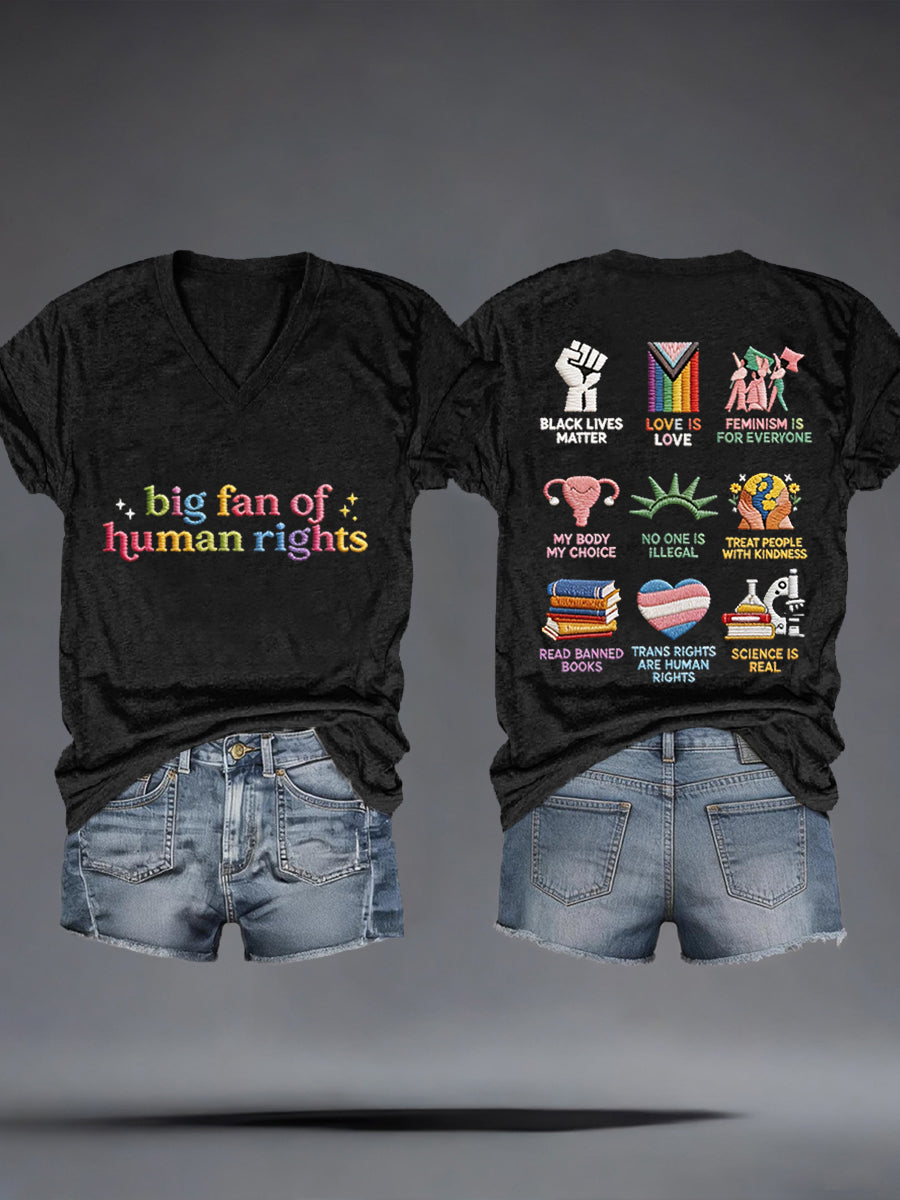 Women's Big Fan of Human Rights Embroidery Pattern V-Neck T-Shirt