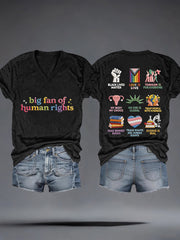 Women's Big Fan of Human Rights Embroidery Pattern V-Neck T-Shirt