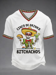 Men's Funny Cinco De Drinko Bitchachos Skeleton Print Casual V-Neck Tee