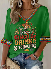 Women's Funny Cinco De Drinko Bitchachos Skeleton Print Casual Waffle Top