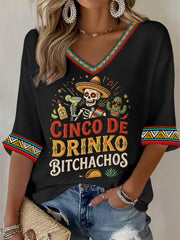 Women's Funny Cinco De Drinko Bitchachos Skeleton Print Casual Waffle Top