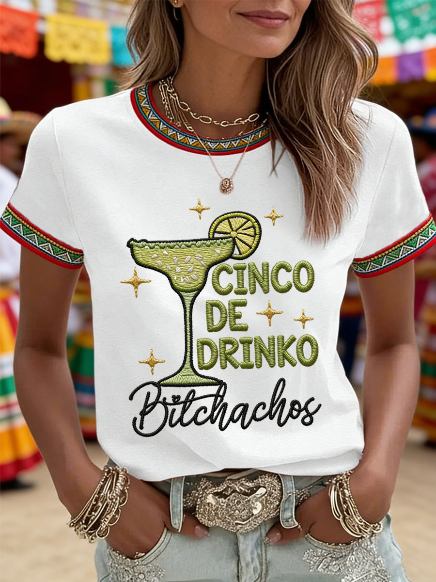 Women's Funny Cinco De Drinko Bitchachos Skeleton Print Casual Tee