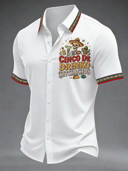 Men's Funny Cinco De Drinko Bitchachos Skeleton Print Casual Short Sleeve Shirt
