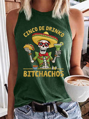 Women's Funny Cinco De Drinko Bitchachos Skeleton Print Casual Vest