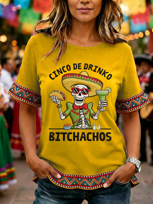 Women's Funny Cinco De Drinko Bitchachos Skeleton Print Casual Ruffle Sleeve Tee