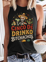 Women's Funny Cinco De Drinko Bitchachos Skeleton Print Casual Vest