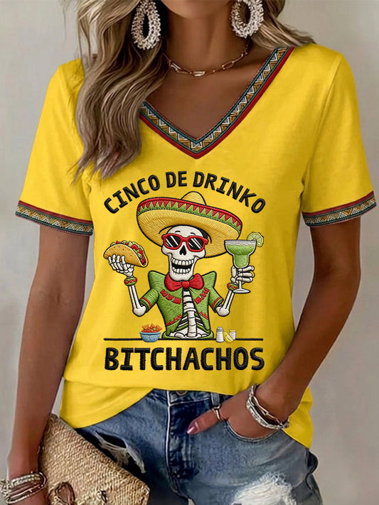 Women's Funny Cinco De Mayo Bitchachos Skull Print V-Neck Tee
