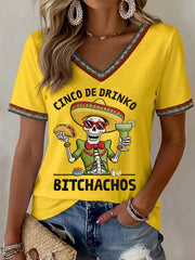 Women's Funny Cinco De Mayo Bitchachos Skull Print V-Neck Tee