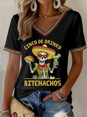 Women's Funny Cinco De Mayo Bitchachos Skull Print V-Neck Tee