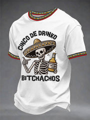 Men's Funny Cinco De Drinko Bitchachos Skeleton Print Casual Tee