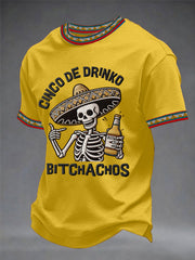 Men's Funny Cinco De Drinko Bitchachos Skeleton Print Casual Tee