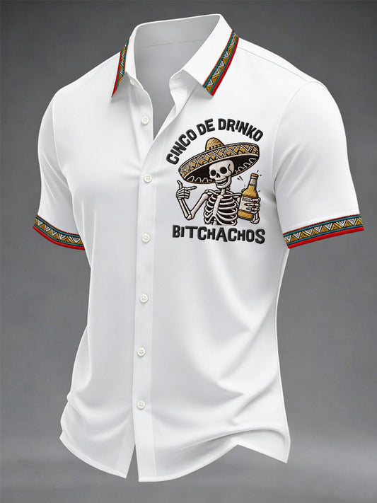 Men's Funny Cinco De Drinko Bitchachos Skeleton Print Casual Short Sleeve Shirt