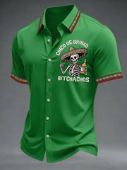 Men's Funny Cinco De Drinko Bitchachos Skeleton Print Casual Short Sleeve Shirt