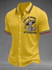 Men's Funny Cinco De Drinko Bitchachos Skeleton Print Casual Short Sleeve Shirt