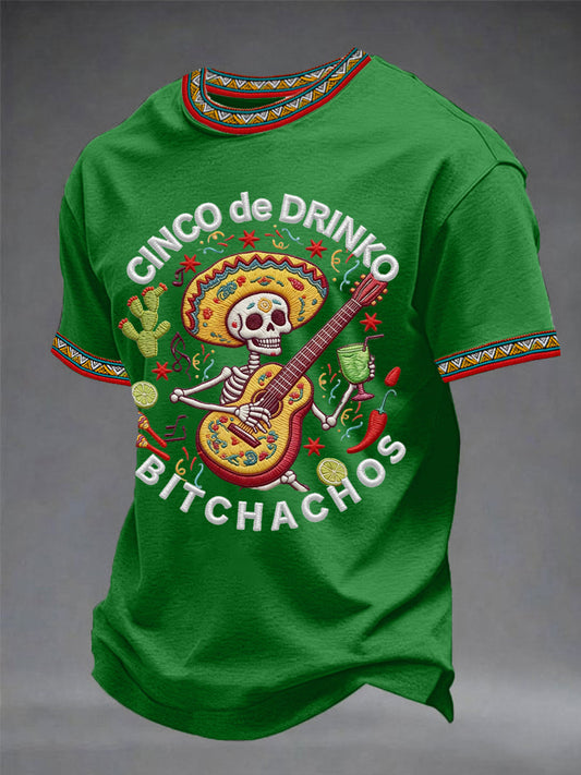 Men's Funny Cinco De Drinko Bitchachos Skeleton Print Casual Tee